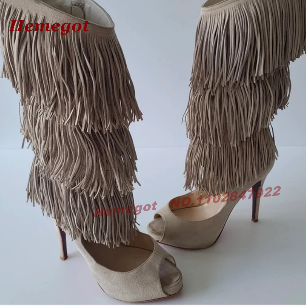 Knee High Boots Women - 티어드 프린지 피프토 하이힐 샌들 부츠