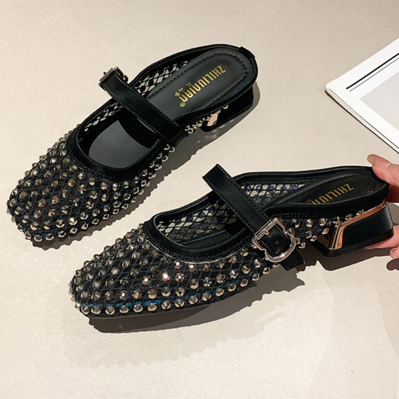 Mule Slip On - 메쉬 라인스톤 청키 힐 뮬 슬리퍼