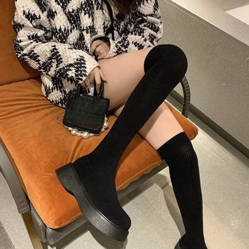 Sock Boot Women - 여성용 두꺼운 밑창의 무릎까지 오는 신축성