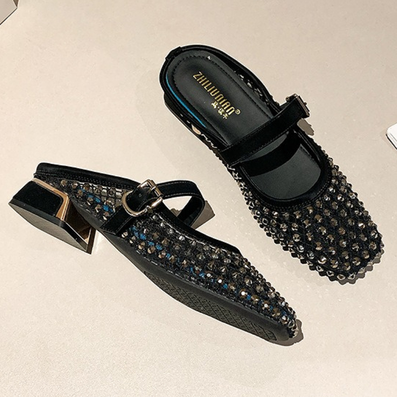 메쉬 라인스톤 청키 힐 뮬 슬리퍼 여성 통기성 여름 패 - Mule Slip On 리뷰 및 가격